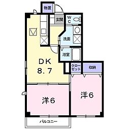ソレイユトヨダ　B 1階2DKの間取り