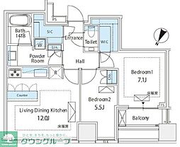 プレミストタワー白金高輪 2LDKの間取図画像