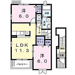 アンソレイユ 2階2LDKの間取り