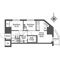 東京メトロ東西線 木場駅 徒歩3分の賃貸マンション 4階2DKの間取り