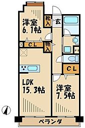 ロイヤルパークス若葉台 2LDKの間取図画像