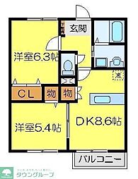 東武東上線 小川町駅 徒歩9分の賃貸アパート 2階2DKの間取り