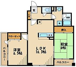 京王線 調布駅 徒歩1分の賃貸マンション 9階2LDKの間取り