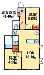 松戸市八ケ崎2丁目アパート 2LDKの間取図画像