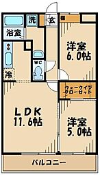 西武多摩川線 多磨駅 徒歩9分の賃貸マンション 2階2LDKの間取り