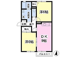 ロングフィールドハイムD 2DKの間取図画像