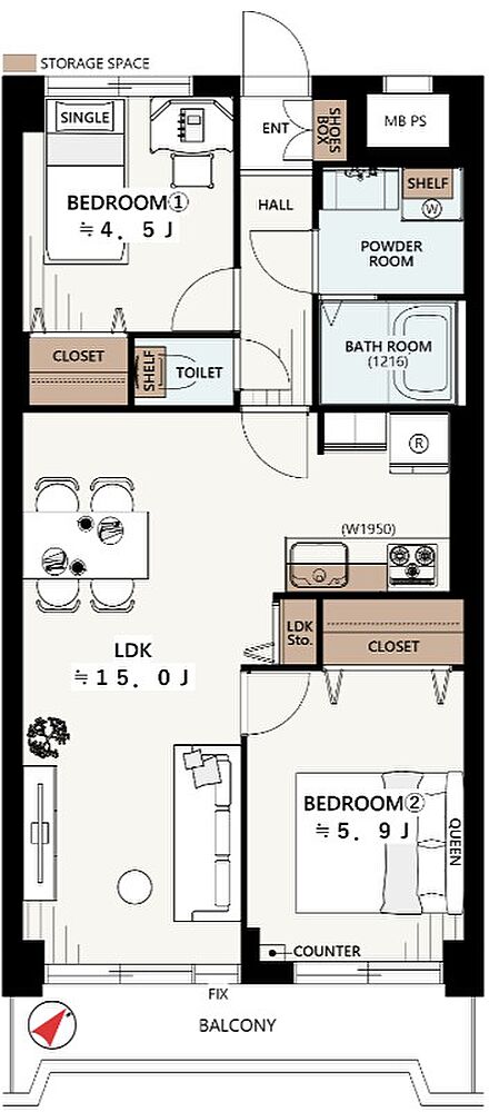 家具のレイアウトが行いやすい、縦長でシンプルな形状のLDK15帖です。洋室2部屋がそれぞれ独立性を高めて配置されており、プライベートな時間も大切にできるバランスの良い間取りです。