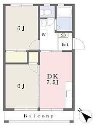 東戸塚ハイツ 2DKの間取図画像