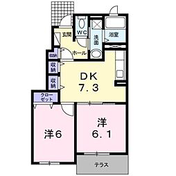 JR鹿児島本線 富合駅 徒歩8分の賃貸アパート 1階2DKの間取り