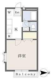 紅花ハイツ 1Kの間取図画像