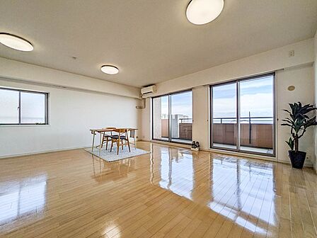 南東向きの窓から光が届く、約25.6帖の明るいLDK。現在は空室のため、ゆっくりとご見学可能です。
