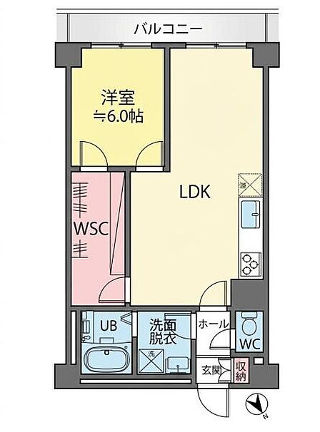 洋室とLDKが独立しており使い分けしやすい間取りです。広いウォークインクローゼット付きで収納力があります。南向きバルコニーに面した明るい空間です。玄関には収納スペースも設けられています。