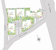 全体区画図～バス便にて3路線利用可能の便利な立地。小、中学校徒歩10分圏内の安心の子育て環境です。