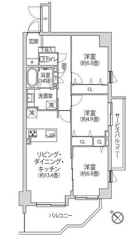 新規内装リフォーム物件(令和8年9月)。全居室が外気に面しており、東側のサービスバルコニーと南西側のメインバルコニーの2面バルコニー仕様。どの部屋にいても光と風を感じられる心地よいレイアウトです。