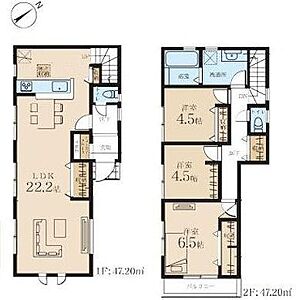 間取り:2階には6.5帖の主寝室と、4.5帖の洋室が2部屋の計3部屋を確保。すべての居室に収納が備わっているため、子供部屋や書斎、趣味の部屋など多彩な用途にご活用いただけます。 間取り:2階には6.5帖の主寝室と、4.5帖の洋室が2部屋の計3部屋を確保。すべての居室に収納が備わっているため、子供部屋や書斎、趣味の部屋など多彩な用途にご活用いただけます。