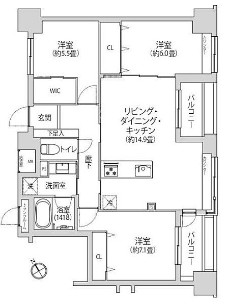 新規内装リノベーション物件(令和8年12月)。リビングや洋室に面したバルコニーが配置されており、明るい光と風を取り込みやすい設計になっています。
