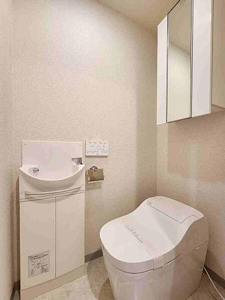 明るく清潔感のあるトイレです。独立した手洗いスペースが備わっており衛生的に使えます。壁面収納もあり日用品の整理整頓もしやすい仕様です。全体的にシンプルなデザインで使いやすさが感じられます。