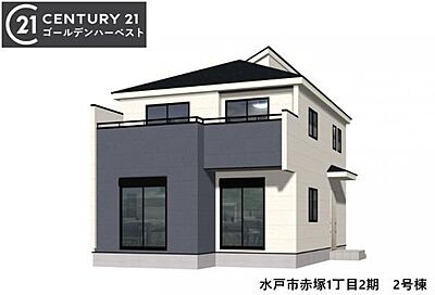 外観：モダンなデザインの外観が特徴です。バルコニー部分のアクセントカラーが建物全体に個性を与えています。窓が多く室内の明るさが期待できます。屋根形状も美しいシルエットを演出しています。