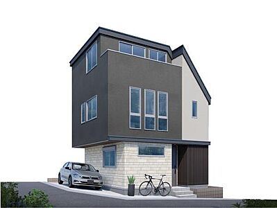 外観：建物完成予想パース／スタイリッシュな外観デザイン、カースペース付きです。