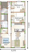 プラン例　間取り　3LDK　延床面積22坪　建物本体価格　税込み1428万円（諸費用、付帯工事費用は別途必要です。）