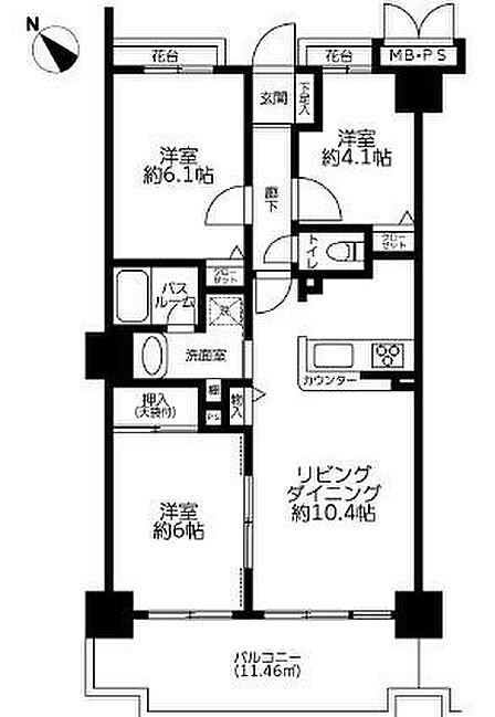 シンプルで使いやすい間取りが特徴的です。リビングダイニングが約10.4帖と広々としています。各部屋の配置が便利でプライバシーもしっかり確保されています。