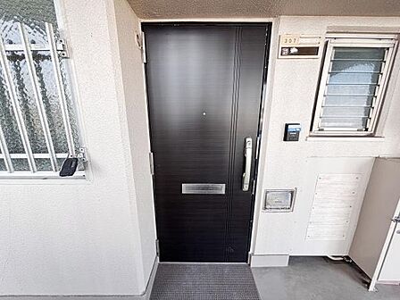 玄関まわりがしっかりとした造りになっています。ドアはしっかりとした素材感が感じられます。外からのアクセスも便利な配置です。周囲には窓もしっかり設置されています。郵便受けもドアに備え付きです。