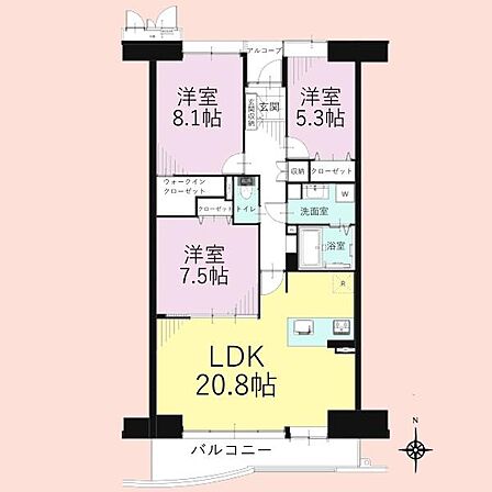 3つの洋室と広々としたLDKが特徴的な間取りです。ウォークインクローゼットや収納スペースが複数設けられています。LDKは20.8帖で開放感があります。南向きバルコニーも備わっています。