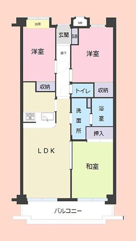洋室が2部屋ありそれぞれに収納スペースが付いています。リビング・ダイニング・キッチンと和室が隣接しています。水回りは洗面所や浴室トイレが分かれています。バルコニー付きで開放感もあります。