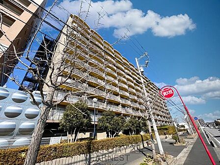 青空の下に広がるマンション外観が印象的です。バス停がすぐ近くにあり交通の利便性を感じさせます。整備された植栽が建物周辺を彩り歩道も広く整っています。全体に開放感があります。