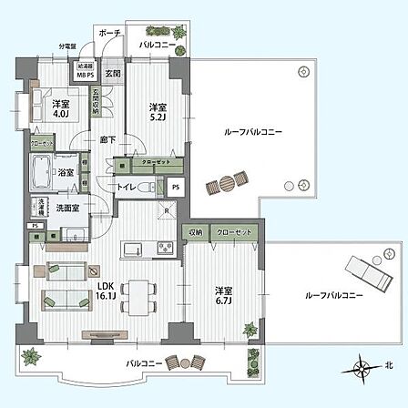 ゆとりあるLDK16.1帖を中心に各部屋がバランス良く配置されています。2つのルーフバルコニーがあり開放感のある空間設計です。洋室は3部屋ありそれぞれ収納スペースが確保されています。