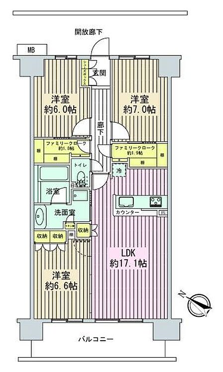 各居室の配置がひと目で分かる間取り図です。生活動線が整理されており、家族それぞれの時間を大切にしながら暮らせる住戸構成になっています。収納の位置も確認しやすい図面です。