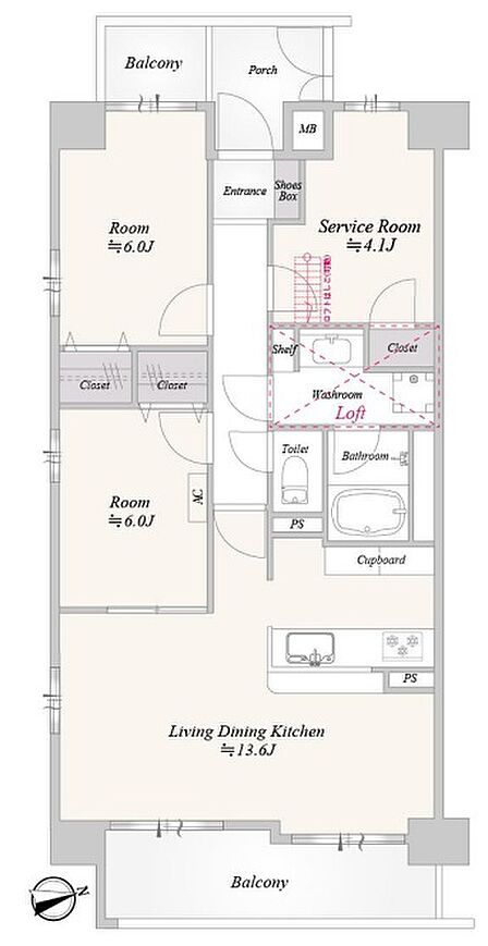2SLDK&ロフト。Sは納戸、部屋使用で3LDK対応可。