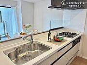 ワイドなシンクですね！水が跳ねにくく洗物がしやすい家事が楽々仕様のシステムキッチンです！デザイン性と機能性を兼ねたキッチンで清潔感がありますね！