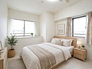 2面に窓があり、自然光が入りやすい明るい洋室。やわらかな色合いの内装で、寝室やワークスペースなど用途に合わせて使いやすい空間です。※室内写真は家具を含めCGでイメージ加工を施しています