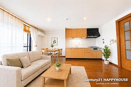 ※一部CGにて加工しています。フローリングも明るい色合いで、お部屋全体が広く見えますね。おしゃれなガラス張りのリビングドアもポイントです。
