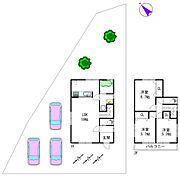 建物参考プラン：3LDK、木造2階建、建物面積延83.43平米（1F43.74平米、2F39.69平米)