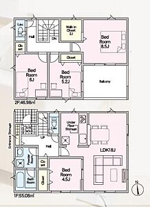 間取り：全室フローリングの4LDK、2階建て！ウォークインクローゼット付き♪