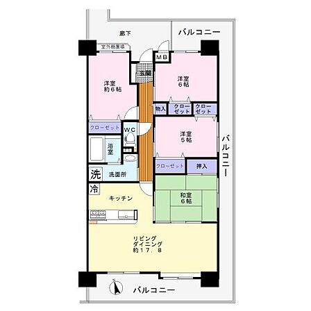 ファミリー様におすすめの広々4LDK。ゆとりあるLDK17.8帖が魅力の間取りです。