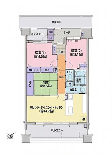 各居室がしっかり確保された間取りで収納スペースも豊富に設計されています。リビング・ダイニング・キッチンが続いて広々とした空間を実現。和室がリビングに隣接しており多様な使い方ができます。