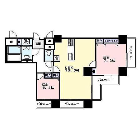 広々としたLDKが特徴の間取りです。洋室が2部屋あり用途に応じてアレンジできます。バルコニーが4か所設けられており採光や通風も確保されています。