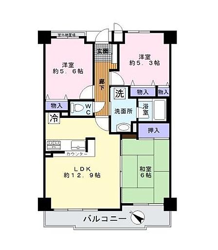 各居室がバランス良く配置された間取りです。リビングダイニングキッチンは約12.9帖と広々しています。和室や洋室もあり多様な使い方が可能です。バルコニーへのアクセスが良く快適な空間設計となっています。