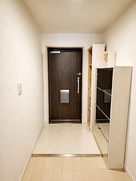 【一部AIモノ消し済み・実際の室内状況優先】シンプルで清潔感のあるデザインが採用されています。ダークブラウンの扉が空間を引き締め明るい床とのコントラストが特徴的です。収納スペースも確保されています。