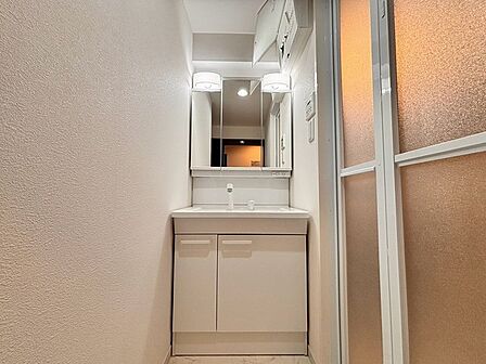 三面鏡に洗面台。 コンセントに照明機能、多機能性を備えた設備です。