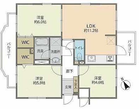 WICが2カ所もあり、収納力ある3方角のお部屋です。