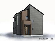 【2号棟外観完成予想図】個性が際立つ、モダンフォルムの新築分譲住宅　全3棟。ダークトーンに映える木の温もりが存在感のあるデザインです。