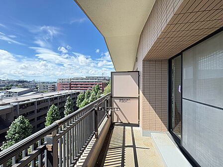 手すり付きの広いバルコニーから街並みを望む