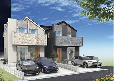 外観:完成外観イメージCG 複数台の駐車スペースを備えた戸建て外観 外観:完成外観イメージCG 複数台の駐車スペースを備えた戸建て外観