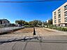 周辺：道路沿いの更地と周辺の建物