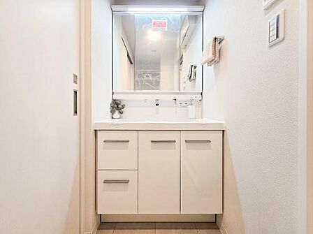 お化粧もしやすい三面鏡付き独立洗面台が付きます。収納もしっかりあり、洗剤などもしまっておけます。