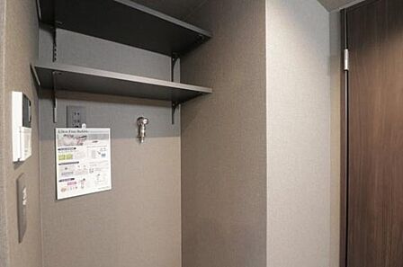【洗面台・洗面所】洗濯機置き場の上にはリネンや洗剤なども置ける可動棚が設置されております。